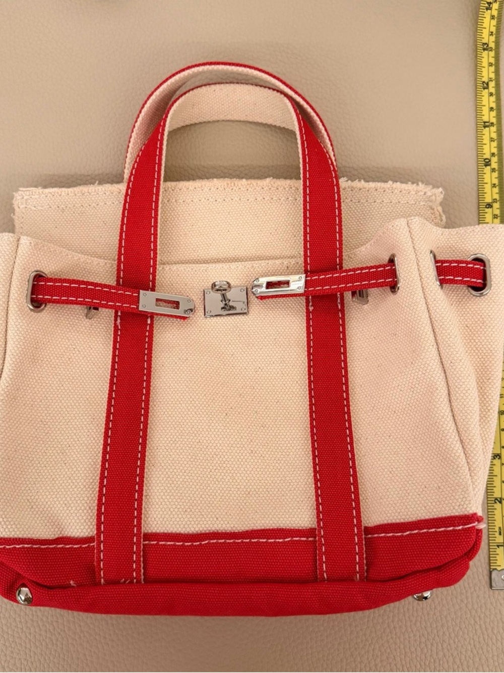 Mini Boatkin Canvas Tote Bag with Red Trim - Neutral/Cream and Red